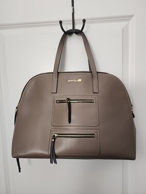 Innue Leather Taupe Dome Tote with Gold Accents